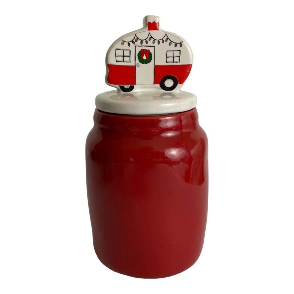 Rae Dunn Camper “Dashing Through The Snow” Canister Jar Topper Red Holiday NEW - Picture 8 of 12